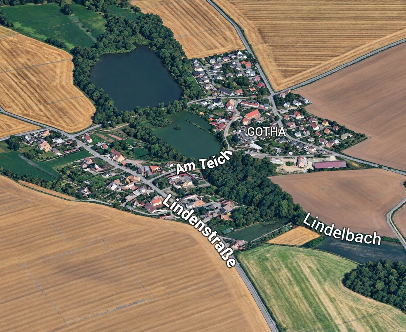 Kartenansicht von Gotha mit Teichen und umliegenden Feldern